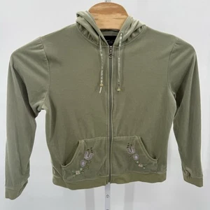 Robert Louis Full Zip Hooded Jacket Large Embroidered Flowers Green Velvety Cozy - Picture 1 of 7