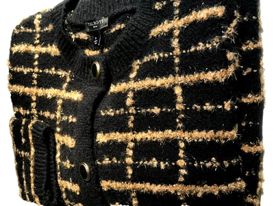 Talbots Bouclé Knit Cardigan in Black & Gold Plaid Parisian Chic Style, Size SP - Image 1 of 4