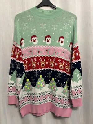 @109 Next Sz L 16/18 Colourful Festive Knit Sequin Pompom 32”Long Xmas Jumper - Image 1 of 4