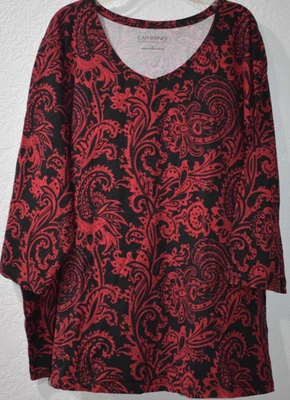 Catherines Suprema 3X Stretch Pullover 3 qtr Sleeve V-neck Top Red/Black Holiday - Image 1 of 4
