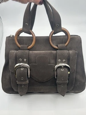 De Colección Braccialini Italia Madera Anillo Manijas Bolso de Mano Marrón Oscuro Gamuza Plata Hebillas Foto 1 de 4