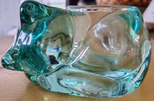 Indiana Glass Sleeping Kitten Cat Votive Candle Holder Teal Made in USA Vintage - Picture 1 of 6