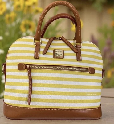 Bolso Cartera Dooney Bourke Sullivan Rayas Amarillo Blanco Cremallera Alrededor Cúpula Foto 1 de 4