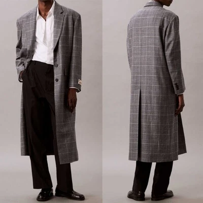 Check Men Tweed Coat Long Line Single Breasted Modern Versatile Everyday Outdoor - Image 1 of 4