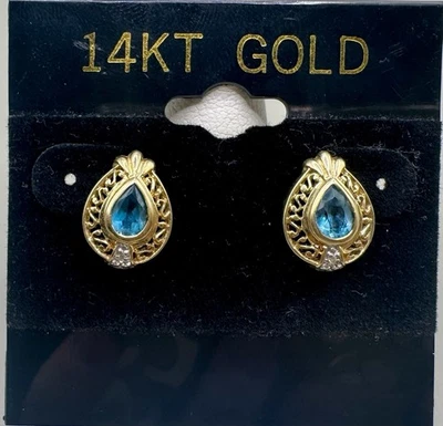 14k Yellow Gold Blue Topaz And Diamond Stud Earrings - Image 1 of 4