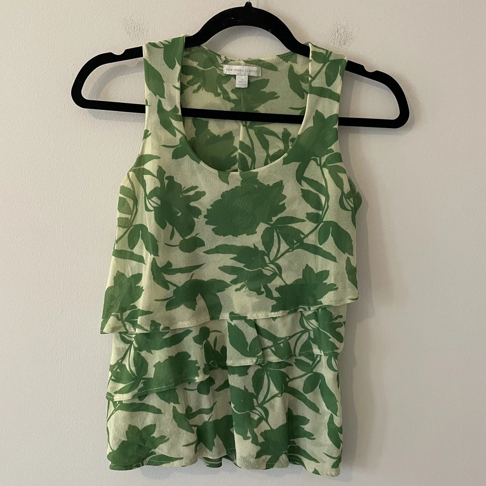 Camiseta sin mangas New York Company floral en capas verde XS Y2K malla tropical Boho Fairy Resort Foto 1 de 4