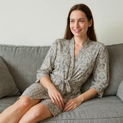 Bata Rene Rofe para mujer MEDIANA | Gris Rosa Paisley | Ropa de dormir suave y ligera Foto 1 de 4