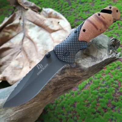 Tactical Folding Pocket Combat Knife, Wooden Handle with Window Breaker Cutter - Image 1 of 4