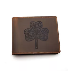 Irish Shamrock Mens Leather Bi-Fold Wallet, Full Grain Italian Leather - Picture 1 of 7