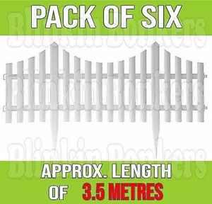 6 WHITE PLASTIC PICKET FENCING SET WOODEN EFFECT LAWN BORDER EDGE GARDEN EDGING - Picture 1 of 6