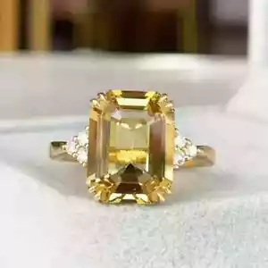 14k Yellow Gold Plated 4Ct Emerald Cut Lab Created Yellow Citrine Wedding Ring - Picture 1 of 9