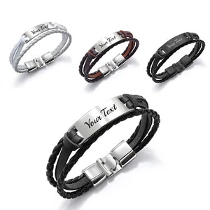 Personalised Mens PU Leather Bracelet Braided Wristband Free Engraved Any Text - Picture 1 of 11
