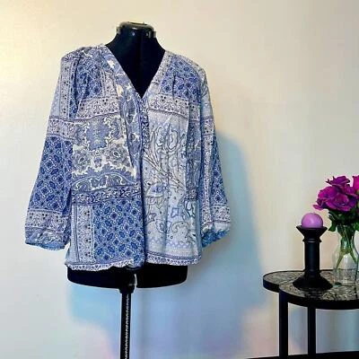 Blusa Top Joie Seda Estampado Floral Paisley 100% Seda Manga 3/4 Talla S Azul Blanco Foto 1 de 4