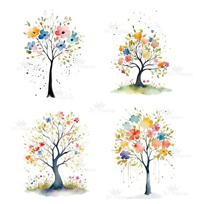 Abstract Colorful Flowering Tree Watercolor Clipart Printable Digital Download - Image 1 of 4