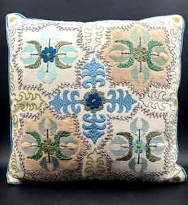 Pier One Lucien Embellished Tile Blue & Green Embroidered Boho Style Pillow 17" - Picture 1 of 3