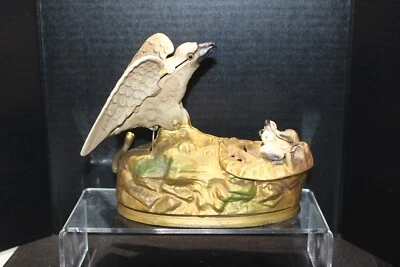 Book of Knowledge Vintage Reproduction Mechanical Cast Iron Eagle Eaglets Bank - Image 1 of 4
