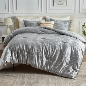 King Size Silver Korean Velvet Comforter Set, 3 Pieces Luxury Crushed Crinkle... - Picture 1 of 7