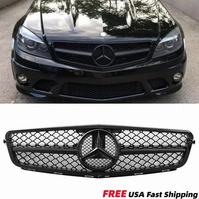 Gloss Black AMG Style Grille W/Star For 2008-2014 Mercedes Benz W204 C250 C300 - Image 1 of 4