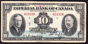 Imperial Bank Of Canada 1939 $10 Ten Dollar Chartered Note 033326 - Picture 1 of 2