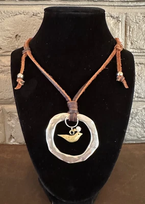 Necklace Bird Leather Statement LeGrande Dove Peace Pewter Rustic Boho Western - Image 1 of 4