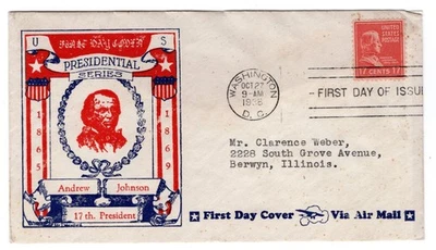 #822 Presidential Series 17c Andrew Johnson 1938 FDC - #29 Warneford - Image 1 of 2