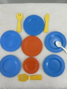 Platos vintage FISHER PRICE diversión con comida años 80 naranja azul y cubiertos 11 piezas - Imagen 1 de 11