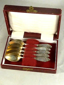 Mokka- / Kaffeelöffel im Etui, 800 Silber, Laffe vergoldet, 5 Stück - Bild 1 von 7