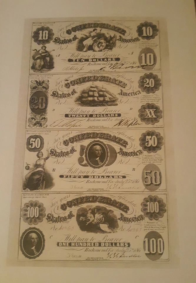 Confederate states bank note sheet with 4 different notes reproduction . - Image 1 of 1