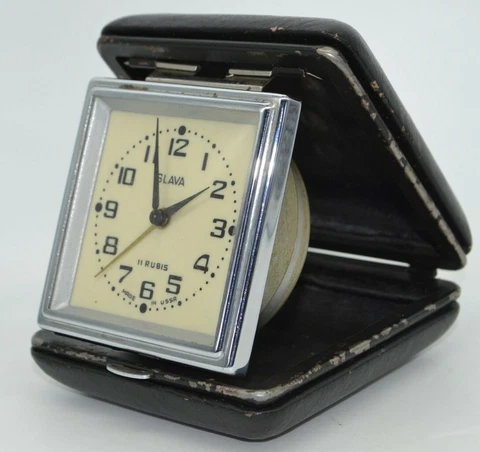 Vintage Travelling Clock Slava 11 Jewels Soviet USSR Mechanical Alarm Clock 1969 Cover