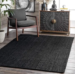 Rug Jute Natural Braided Style Black Carpet Reversible Modern Rustic Area Rug - Picture 1 of 10