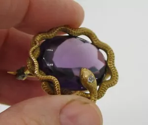 Estate Antique Vintage 14k Yellow Gold 24.18 Carat Amethyst Diamond Snake Brooch - Picture 1 of 11