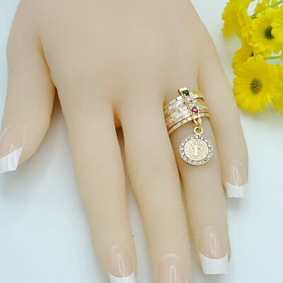 Multi Tone Gold Plated Saint Benedict Charm 7 Days Ring Semanario San Benito - Image 1 of 4