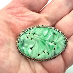 Vintage Carved Jade Brooch Pin Pierced Floral Design Variegated Green Stone - Picture 1 of 15