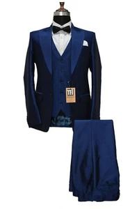 Men Blue Shining Suits Designer Wedding Dinner Suits (Coat+Vest+Pants) UK - Picture 1 of 3