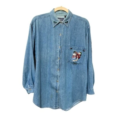 Quizz женщин Рождество блузка рубашка Топ S синий джинсовой ткани вышивка праздник винтажный - Изображение 1 из 4