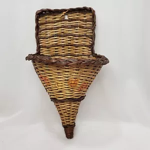 Vtg Cornucopia Basket Woven Rattan Wicker Cone Wall Pocket Farmhouse Fall Decor - Picture 1 of 11