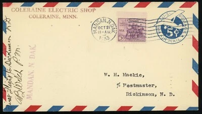 Mandan, N.Dak to Dickinson AM9 First Airmail Flight Cover 1933 Postmaster Signed - Image 1 of 2