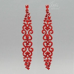 Red Crystal Rhinestone Pageant Long Drop Dangle Earrings Wedding Prom 4641 - Picture 1 of 4