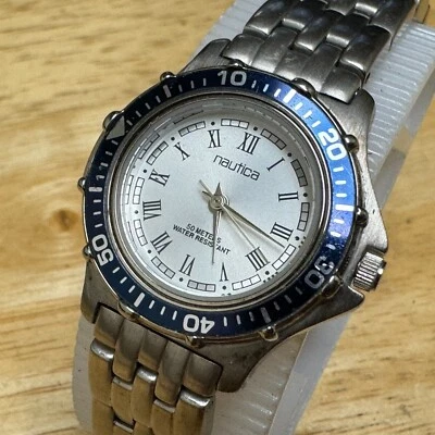 Vintage Nautica Quartz Watch Women 50m Silver Blue Rotating Bezel New Battery - Image 1 of 4