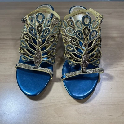 G Sparrow Jeweled Peacock Chunky 3 Inch Heel Wedding Evening Hoco Sz 40 (US 9) - Image 1 of 4