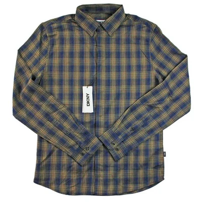 Camisa masculina DKNY S ajuste regular manga longa botão frontal casual azul marrom $98 NOVA - Imagem 1 de 4