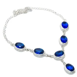 Collar Joyería Plata de Ley 925 Hecho a Mano Piedras Preciosas Tanzanita Azul Talla 18" - Imagen 1 de 1