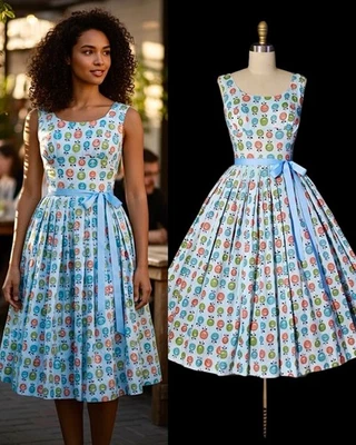 Vtg 1950s Novelty Print Dress Blue Cotton Sundress SMILEY FACE Pinup Rockabilly - Image 1 of 4