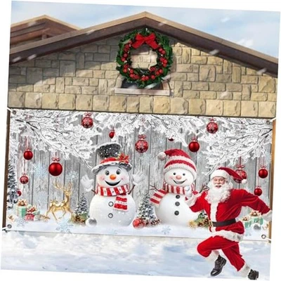 Decoración de cubierta de puerta de garaje de Navidad, muñeco de nieve de invierno copo de nieve 16X7 pies gris Foto 1 de 4