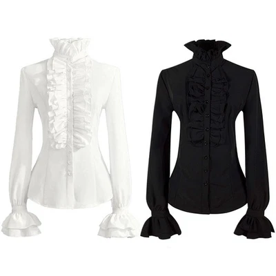 Lady Lolita Shirt Blouse Ruffle Stand Collar Flare Slim Tops Gothic Victorian - Image 1 of 4