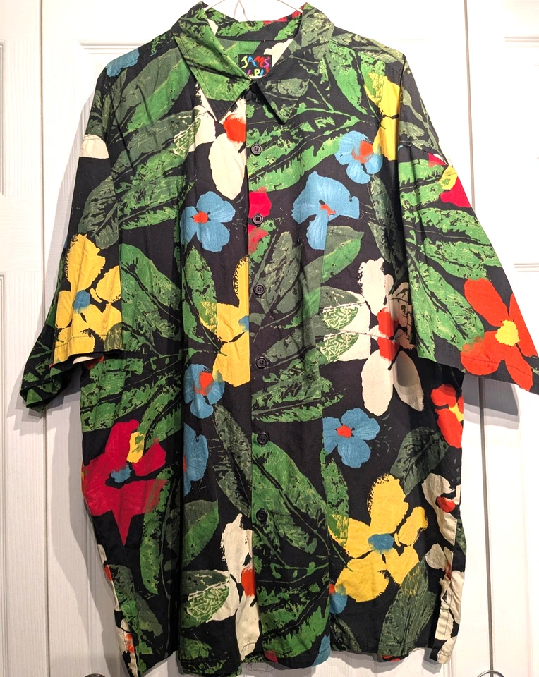 Camisa Jams World Para Hombres 2XL Negra Hawaiana Aloha Floral Cuello de Campamento Abotonada De Colección Foto 1 de 4