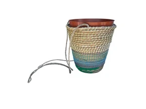 Woven Jute Hanging Planter Basket Wood Twine Blue Green Accent Boho Patio VTG - Picture 1 of 7