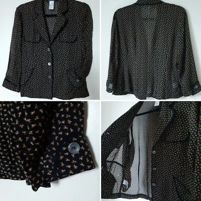 Chaqueta De Colección Jones New York 100% Seda 8 Botones Negra Pequeña Floral Larga Sl Sin Forro Foto 1 de 4