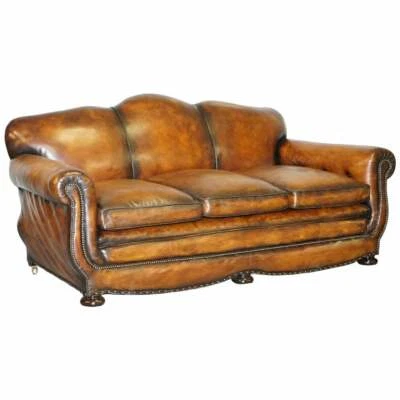 VERY RARE FULLY RESTORED GENTLEMAN'S CLUB MOUSTACHE BACK BROWN LEATHER SOFA  - Image 1 of 4
