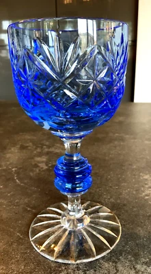 Electric Blue Crystal Heavy Hand Cut and Bevelled Goblet /Wine Glass  6.5ins - Image 1 of 4